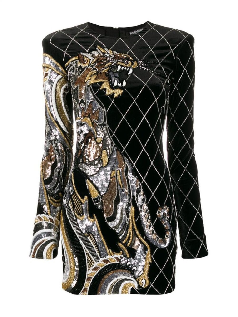 Balmain Tiger Sequin Embellished Velvet Mini Dress Black Size FR 36 US 4